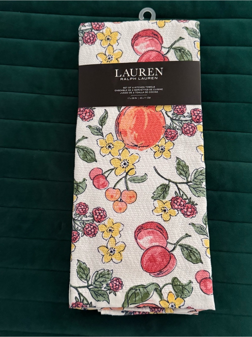 Ralph Lauren White Kitchen Towel with Yellow Flowers and Red Fruit Print